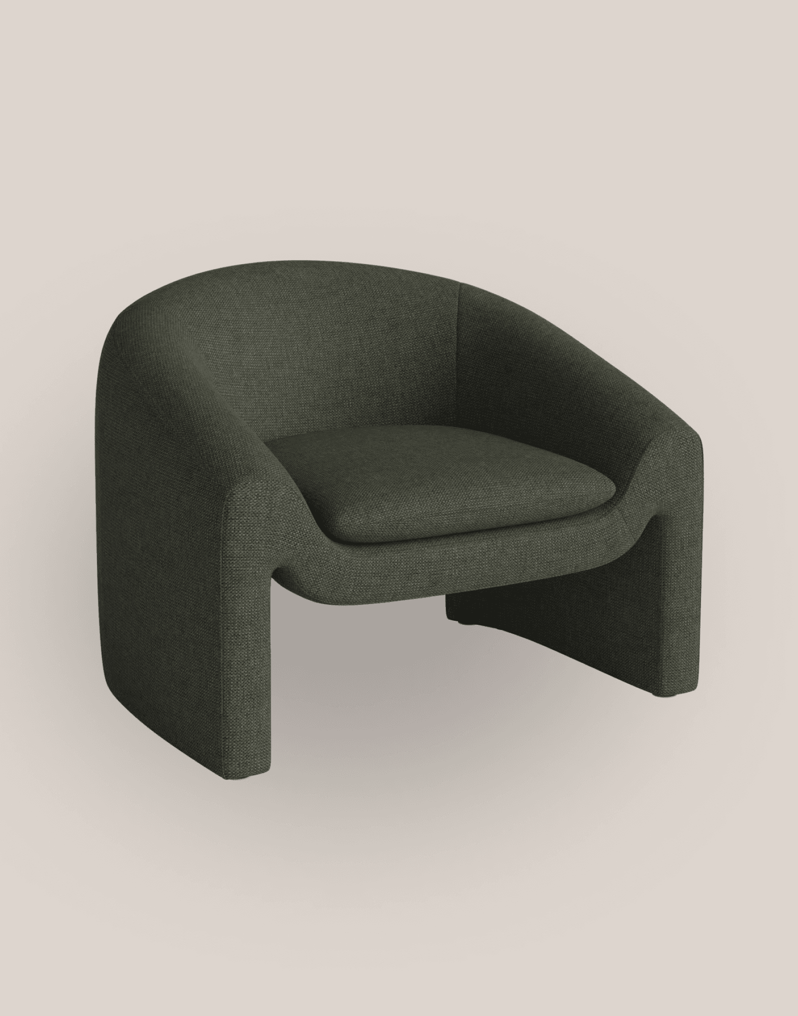 Dark green armchair with sculptural silhouette and soft upholstery, contemporary minimalist design on neutral background.