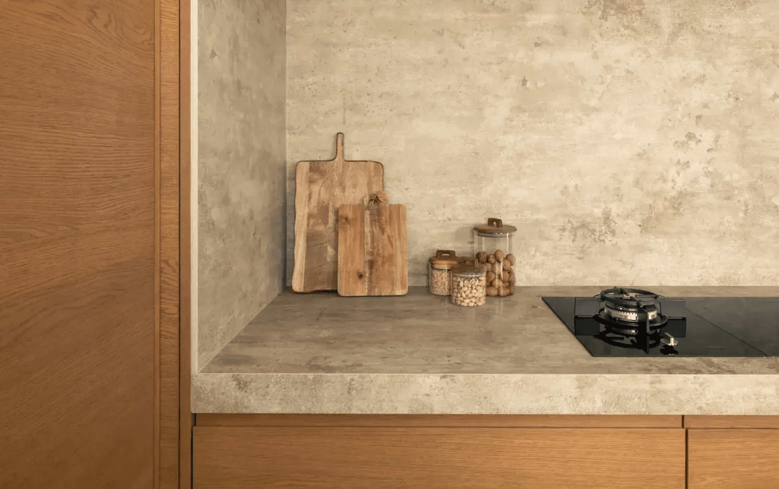 Kitchen design with oak cabinetry and stone countertop · LUV Lifestyle Quality Upgrade