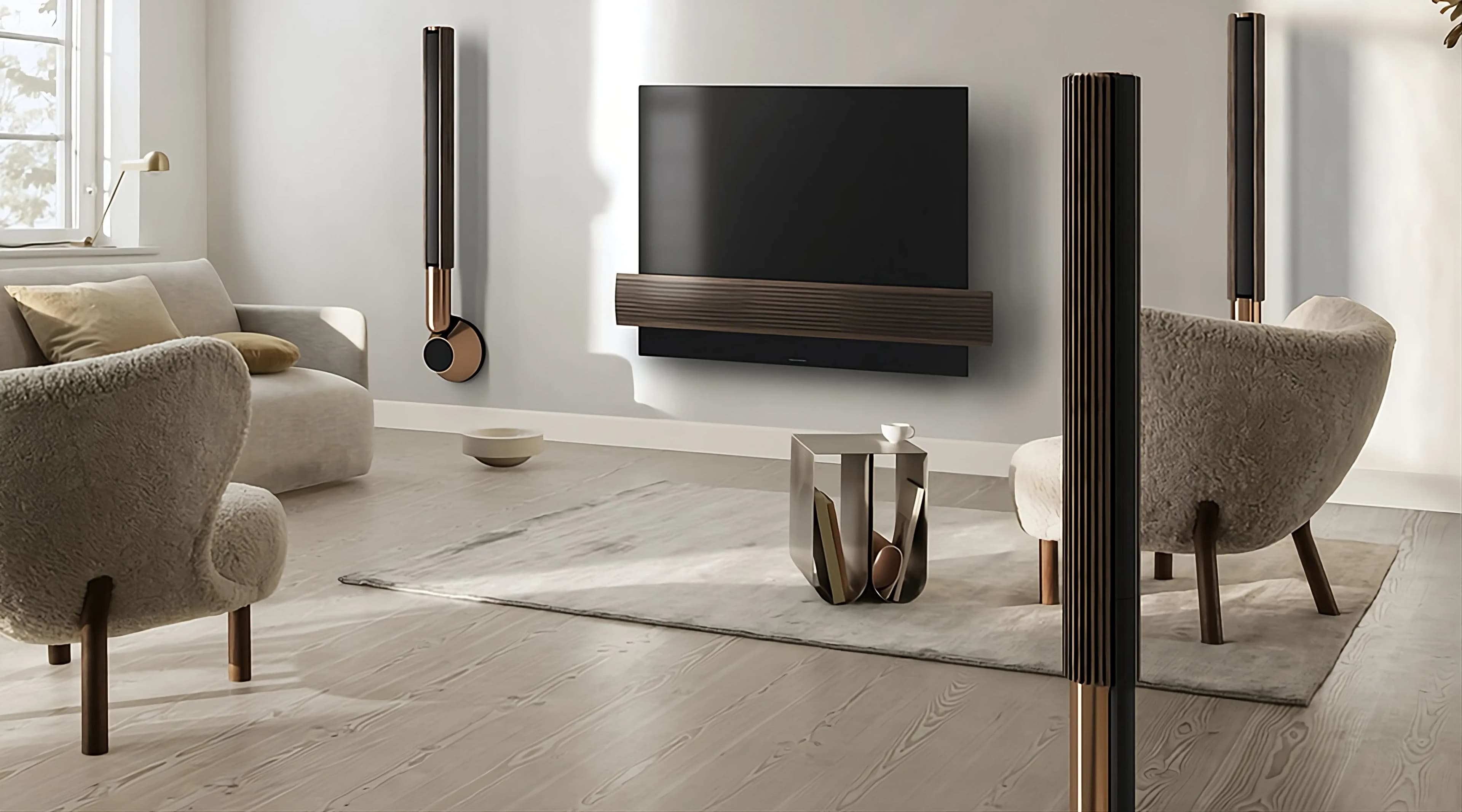 Contemporary living room with sculptural floor speakers and wall-mounted TV