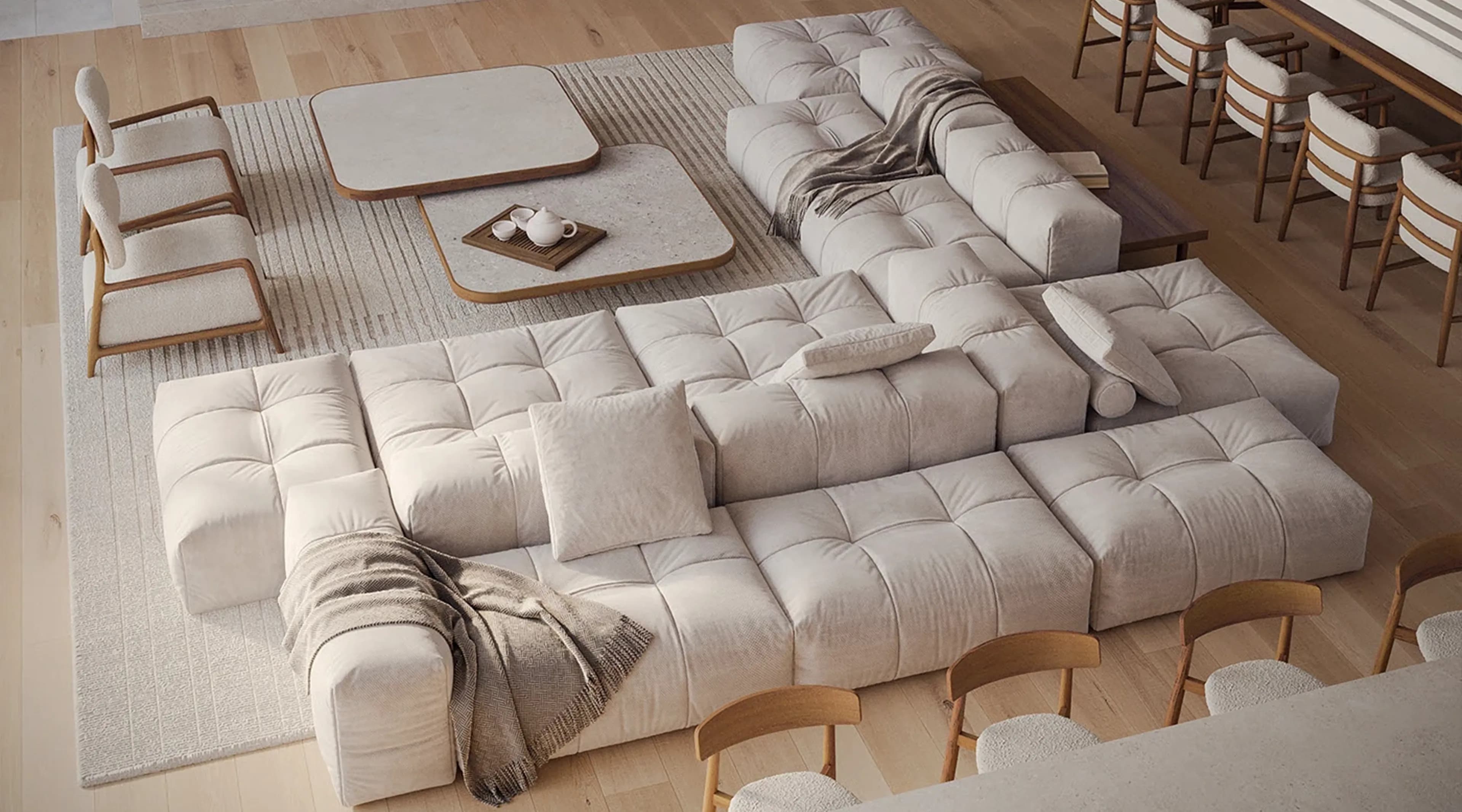 Large quilted modular seating arrangement in a spacious living room