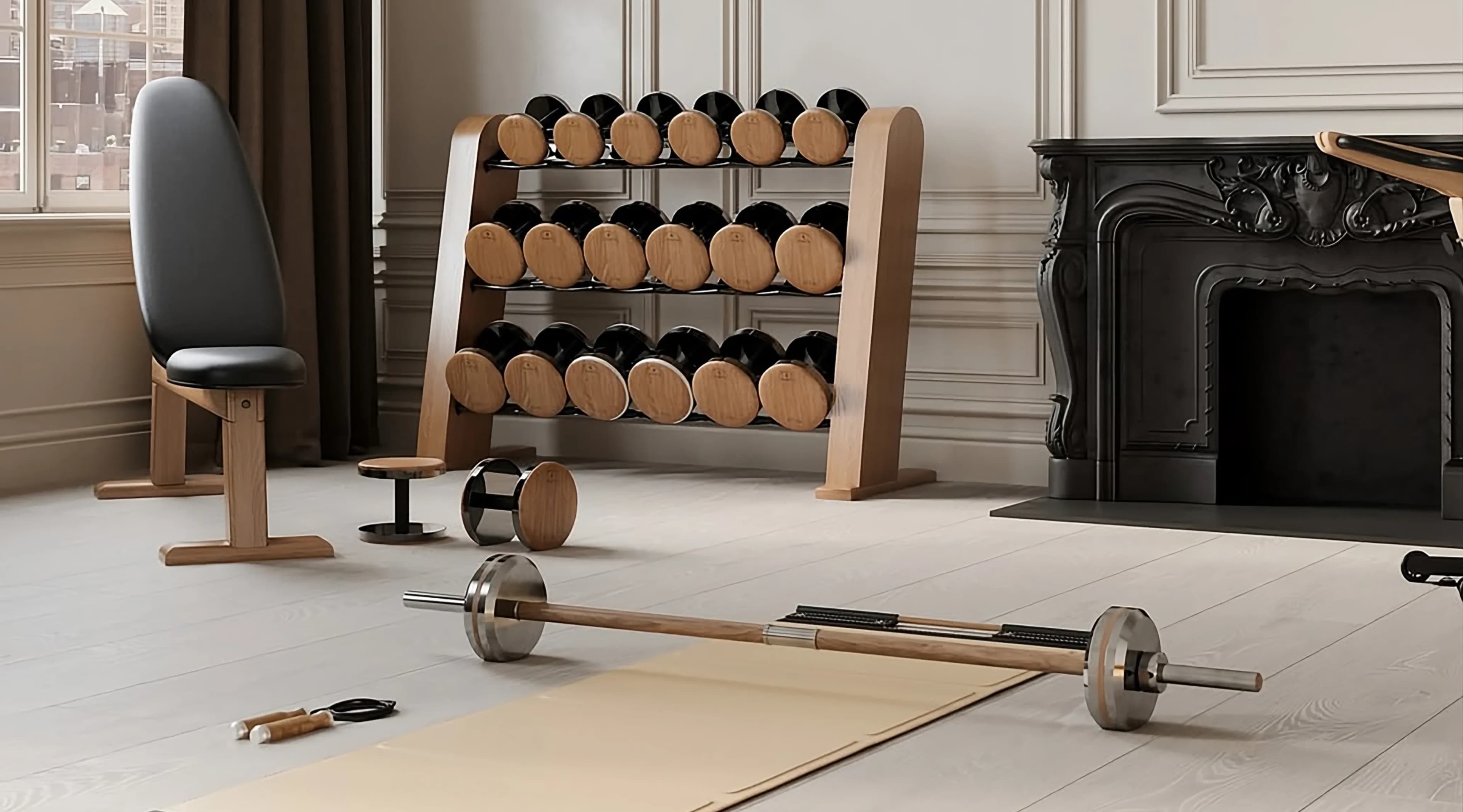 Elegant home gym with wooden dumbbells, bench and barbell in a classic interior