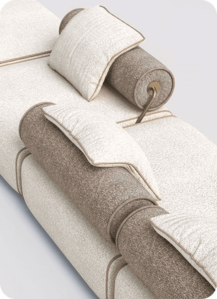 Contemporary modular sofa in beige and taupe bouclé – Sculptural design with cylindrical volumes and brass metal accents.